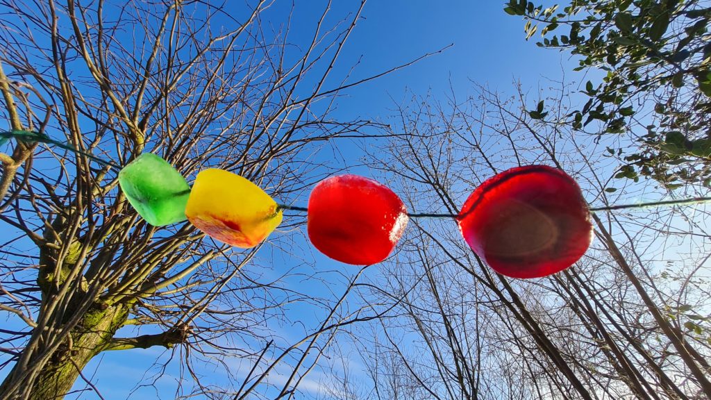 Winterkunst: Farbenfrohe Eiskette für kahle Äste